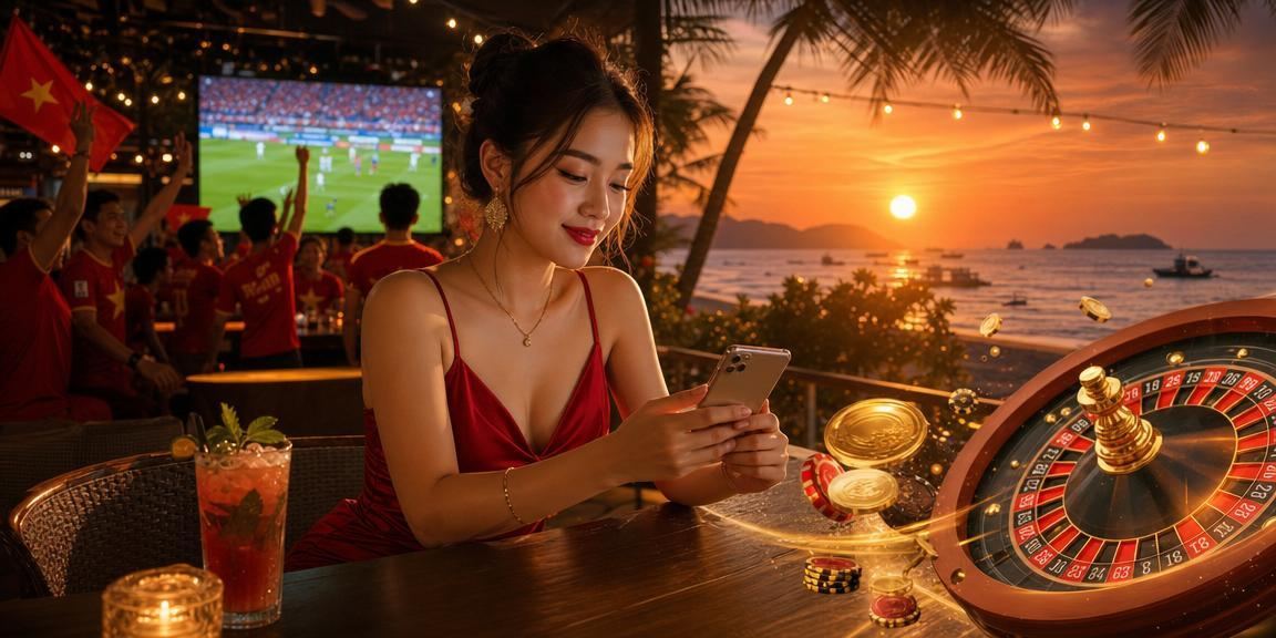 Người dùng tại bãi biển Phú Quốc truy cập casino trực tuyến và theo dõi kèo trên điện thoại